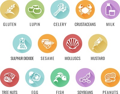 Food allergy icons including the 14 allergies outlined by the EU Food Information for Consumers Regulation EFSA European Food Safety Authority Annex II which encompass the big 8 FDA Major Allergens