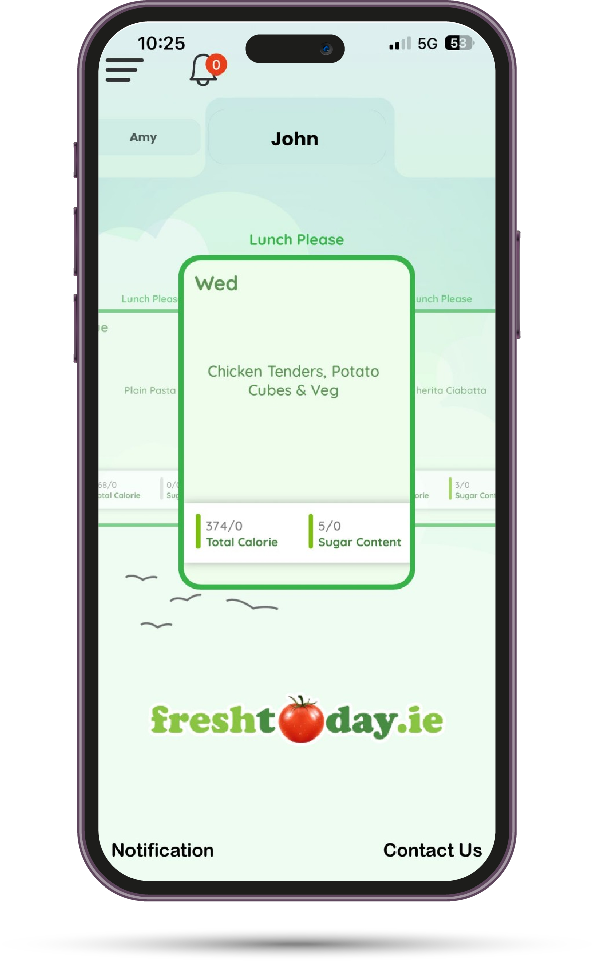Freshtoday Midlands school meals app shown on a smartphone with menu browsing and ordering features