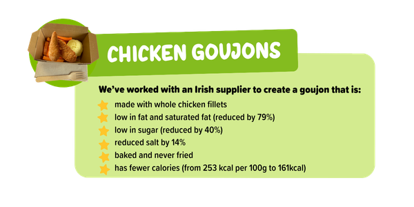 Freshtoday Midlands reformulated chicken goujon school meal — 100% chicken breast, low fat, baked and EFSA compliant