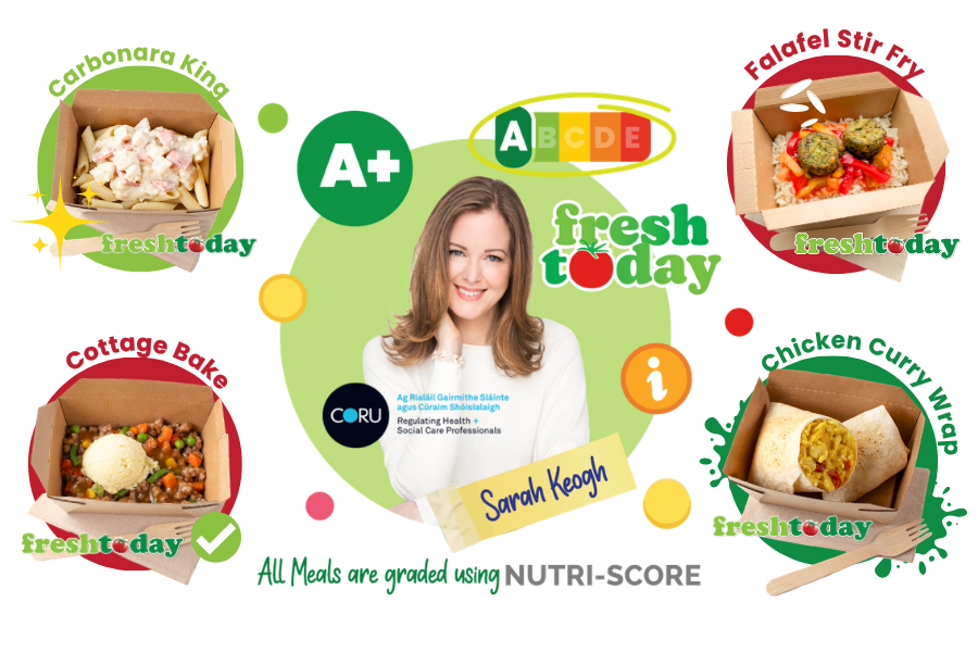 CORU-registered dietitian Sarah Keogh endorsing Freshtoday Midlands school meals graded A+ using the Nutri-Score system